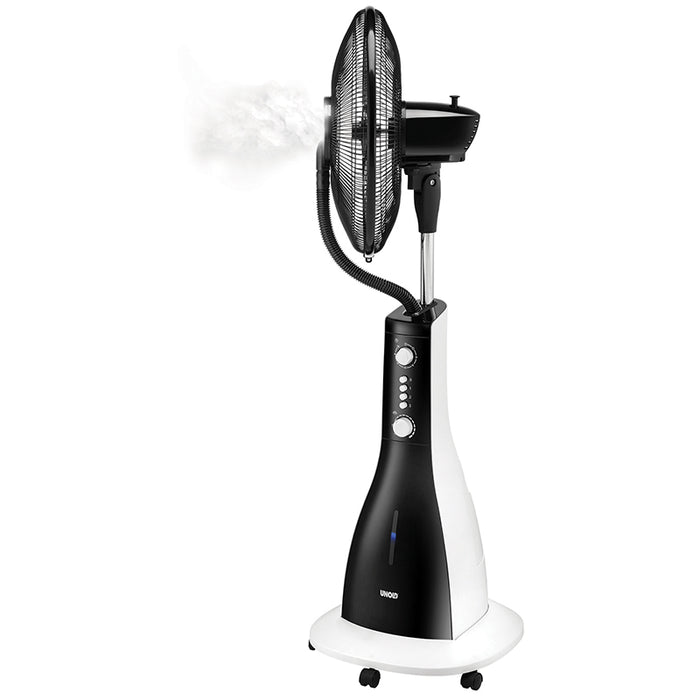 Der Unold STANDVENTILATOR NEBULA ist ein schwarz-weißer Stand-Nebelventilator mit Dampfausstoß, mehreren Bedienknöpfen und Rädern an der Basis für einfache Mobilität.