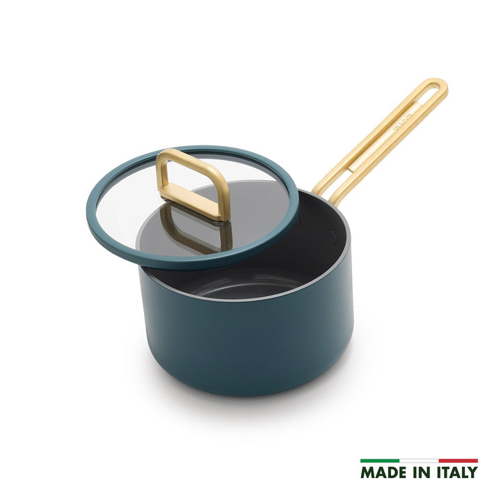 Ceramic nonstick 2-quart saucepan in Venetian teal with gold handle and glass lid.