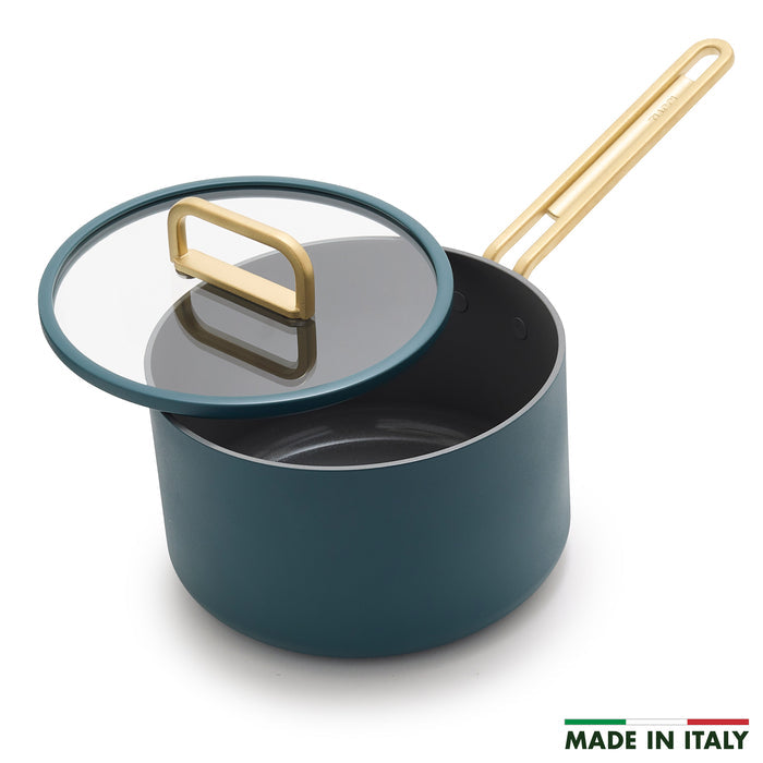 Venetian teal 4-quart saucepan with ceramic nonstick finish and a glass lid.