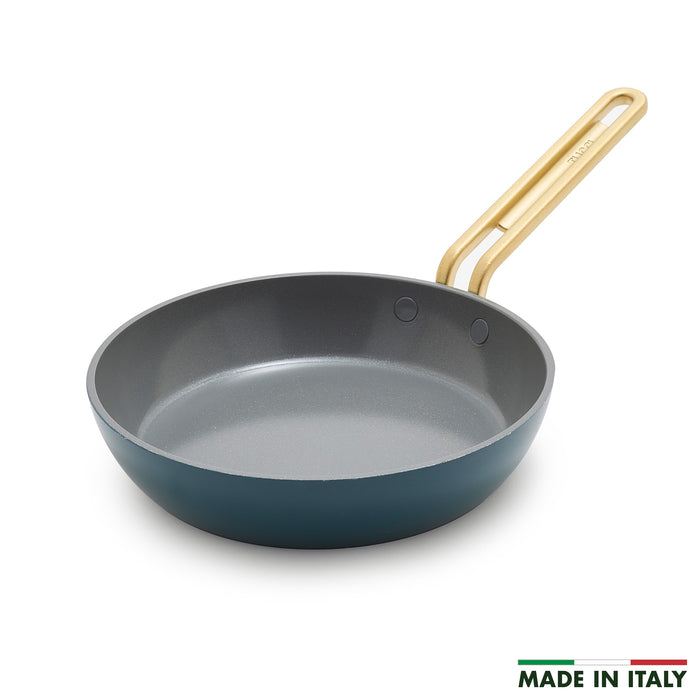Venetian teal ceramic nonstick 8-inch frypan with gold handle on white background, Made in Italy text at lower right.