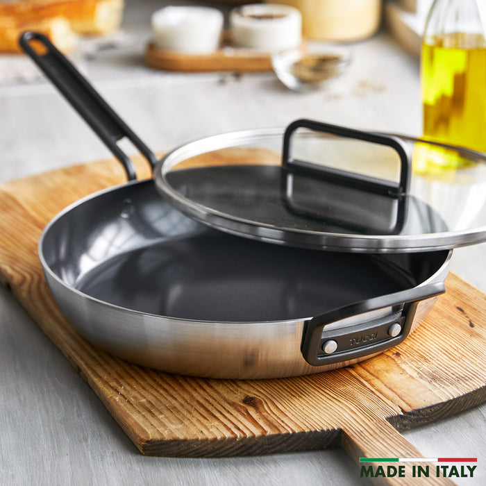 12-inch stainless steel frypan with ceramic nonstick interior, black handle, and matching lid.
