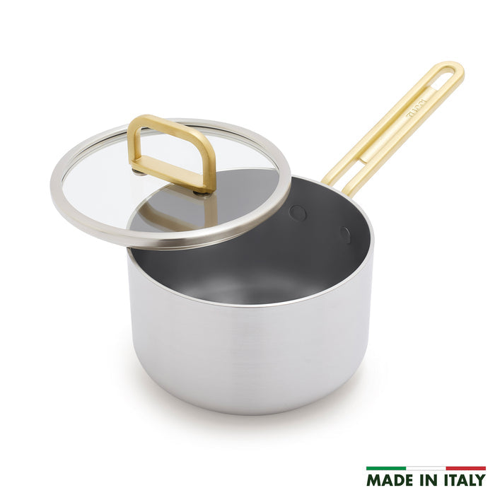 2-quart stainless steel saucepan with lid, champagne handles; MADE IN ITALY in small text at bottom right.