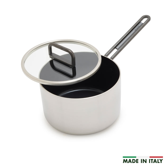 Stainless steel 4-quart saucepan with ceramic nonstick interior, glass lid, and Italian-made text bottom right.