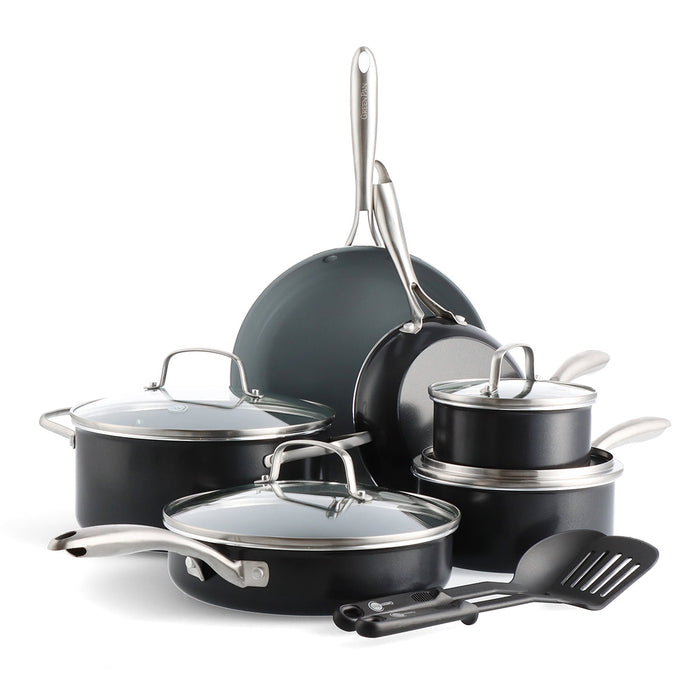 Ceramic nonstick cookware set with 12 matching pieces in neutral tones, including pots, pans, and glass lids.