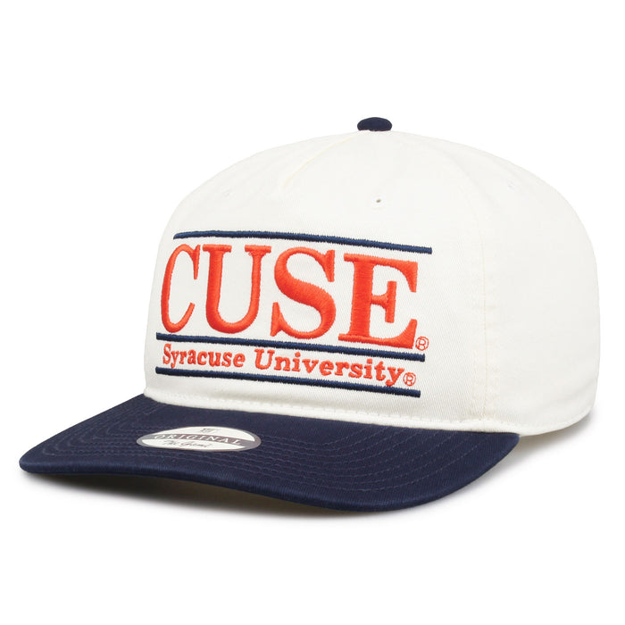 Syracuse Original Bar snapback hat showing embroidered front design and brim, angled view