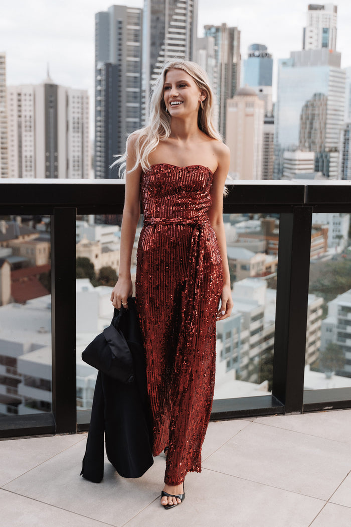 PLAYSUITS Talia Strapless Sequin Jumpsuit - Ruby Red