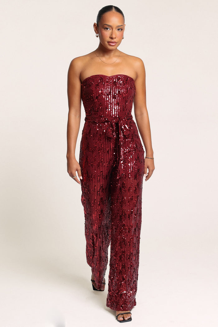 PLAYSUITS Talia Strapless Sequin Jumpsuit - Ruby Red