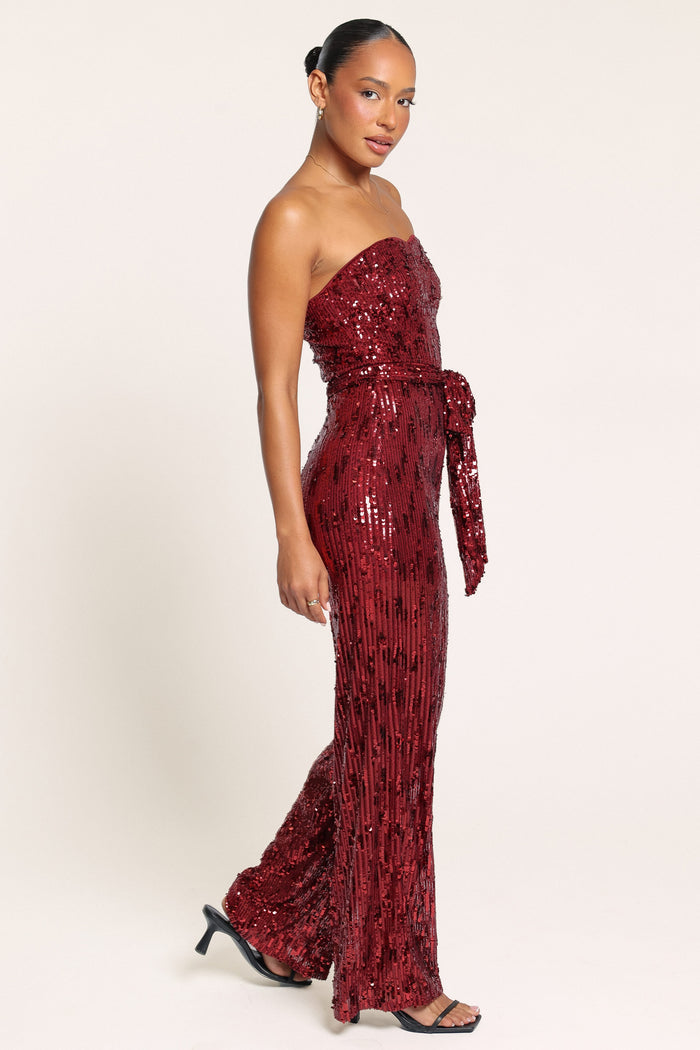 PLAYSUITS Talia Strapless Sequin Jumpsuit - Ruby Red