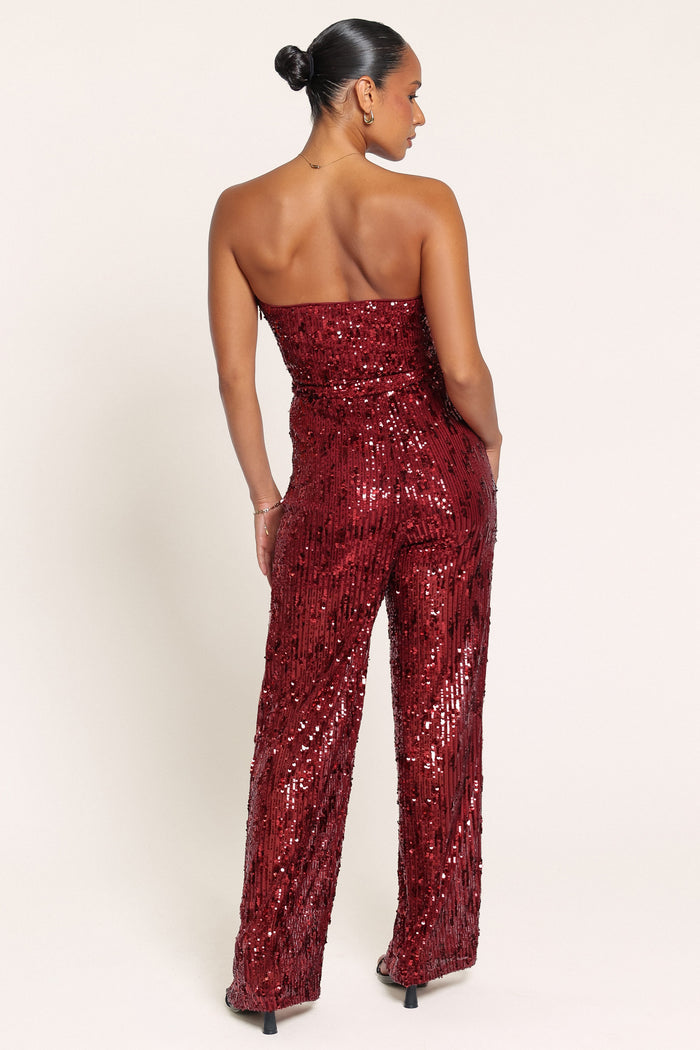 PLAYSUITS Talia Strapless Sequin Jumpsuit - Ruby Red