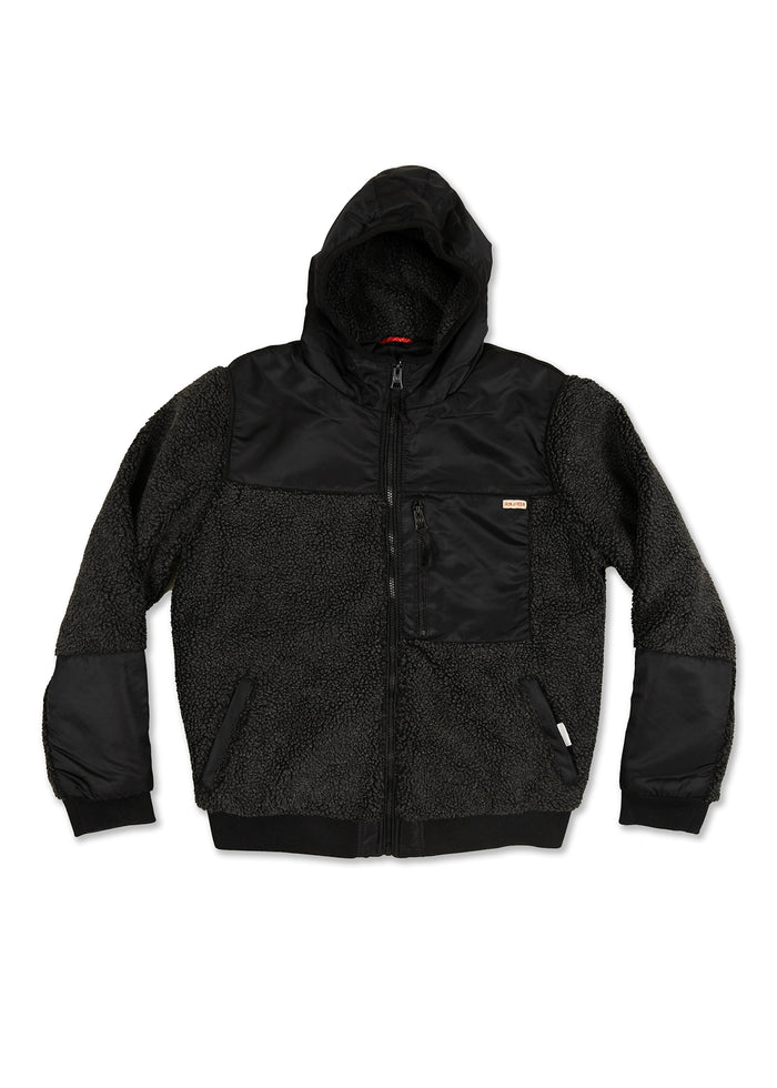 Black hooded jacket with fleece texture and zippered front pocket, combining warmth and style for casual wear.