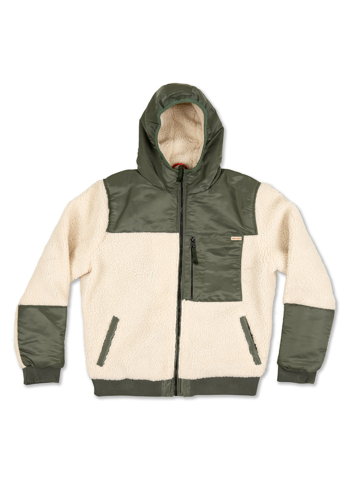 Cream and olive green hooded jacket with front zipper, fleece body, and nylon accents on shoulders, pockets, and cuffs.