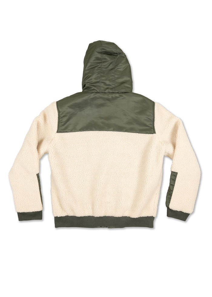Cream fleece jacket with olive green hood and accents, displayed from the back. Cozy and stylish for cool weather.