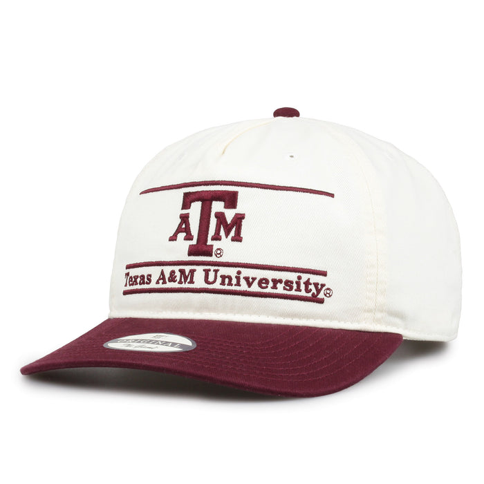 Texas A&M Original Bar snapback hat showing embroidered front design and curved brim, angled view