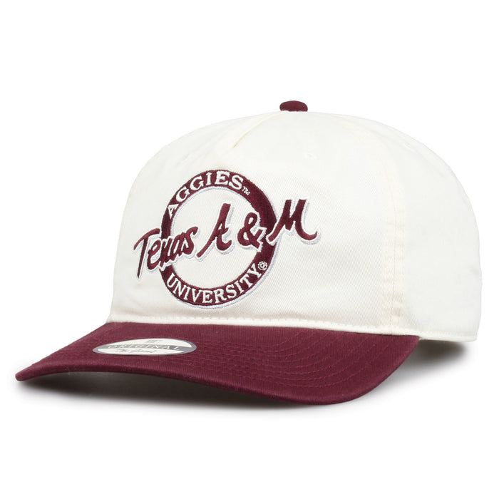 Texas A&M Original Circle snapback hat showing embroidered front design and curved brim, angled view