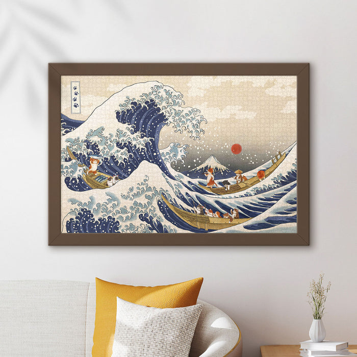 Get ready for a purr-fect splash of art and fun with our Cat Surfing the Great Wave Puzzle! Inspired by the timeless masterpiece The Great Wave off Kanagawa, this playful reinterpretation features a fearless cat riding the wave with confidence and style.