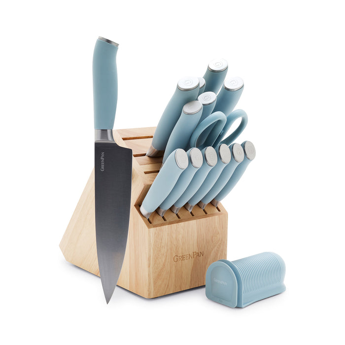16-piece blue titanium knife set with matching block and knife sharpener.