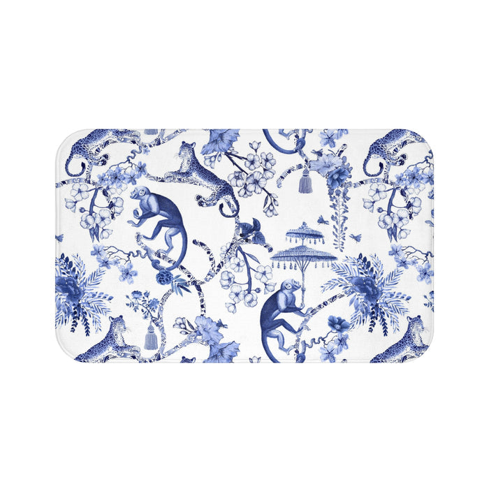 Toile de Jouy Bath Mat Blue Monkey Umbrella Jungle