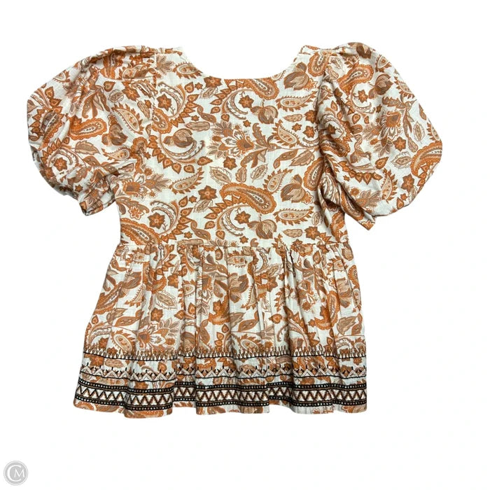 Top Short Sleeve By Anthropologie In Cream & Orange, Size: S