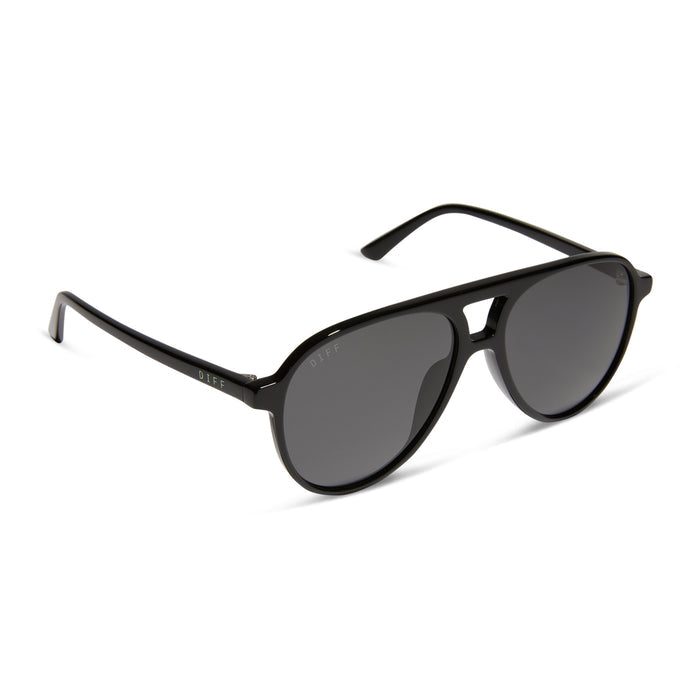 diff eyewear featuring the tosca ii aviator sunglasses with a black frame and grey polarized lenses angled view