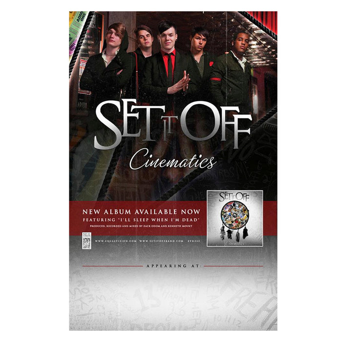 A promotional Set It Off poster for Cinematics, showing the band in black suits and red ties with serious looks. This folded poster features album artwork, tour details, and new album info—ideal to include with orders or keep in a poster tube.
