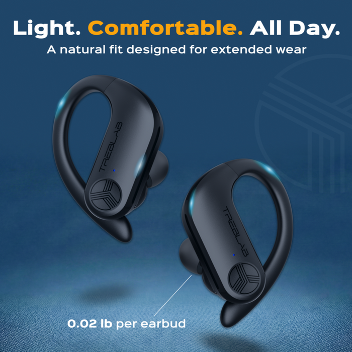 Black wireless earbuds on a blue gradient background with text highlighting lightness and comfort.