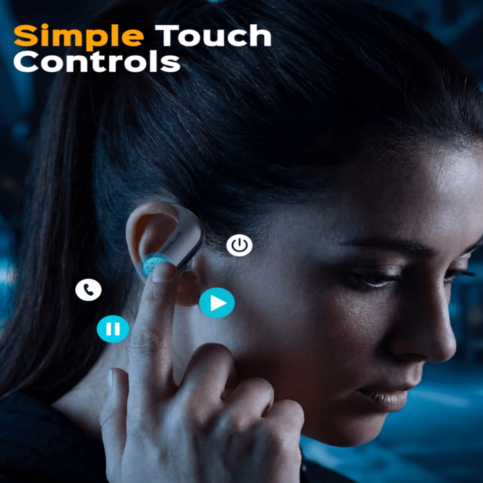 Woman wearing wireless earbuds with control icons displayed, against a dark background.
