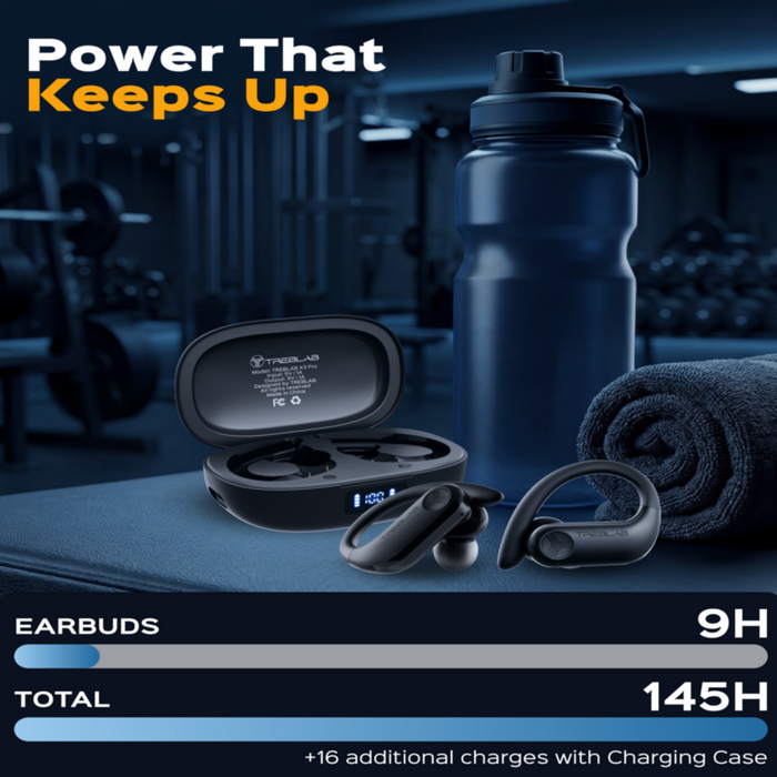 Earbuds with charging case, water bottle, and towel on a table in a gym setting.