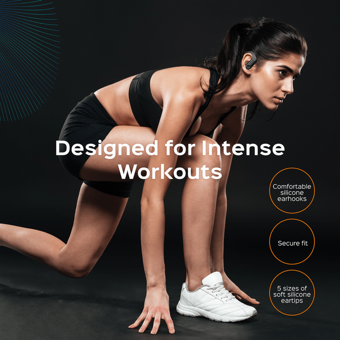 Woman in athletic pose with text 'Designed for Intense Workouts' and product features on a dark background