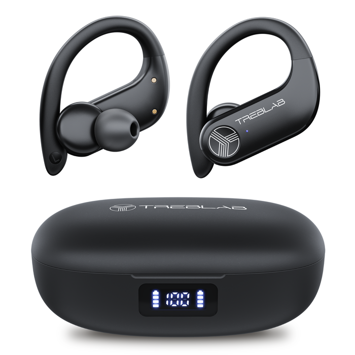 Black wireless earbuds with charging case on a white background, featuring the Treblab brand.