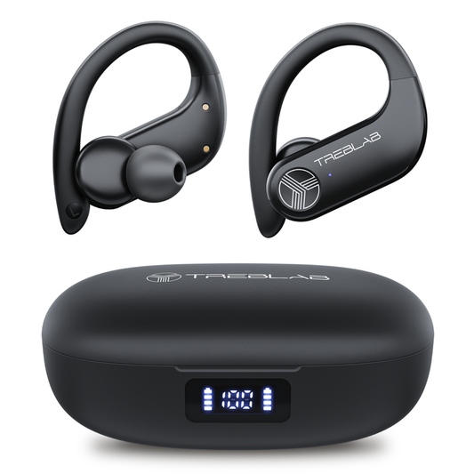 Black wireless earbuds with charging case on a white background, featuring the Treblab brand.