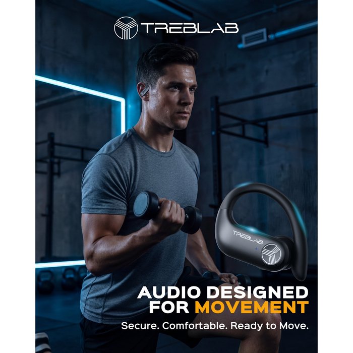 Man exercising with a Treblab earbud in a gym setting, featuring the Treblab brand.