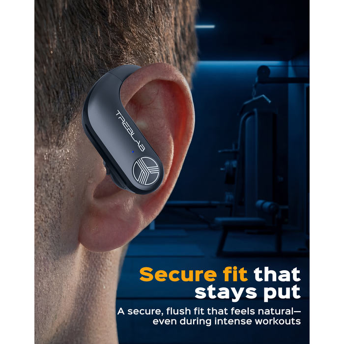 TrueLab earbud in a person's ear with gym equipment in the background