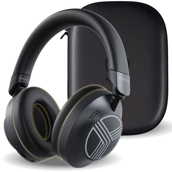 Black over-ear headphones with a logo on a white background