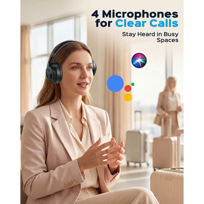 Woman wearing headphones with text '4 Microphones for Clear Calls' in a busy indoor setting.