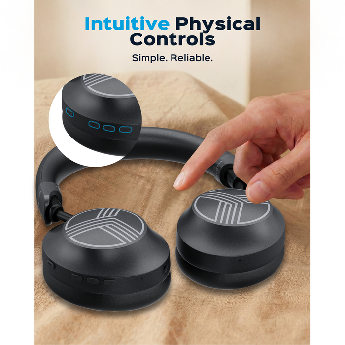 Handheld electronic device with physical controls on a textured surface, featuring text 'Intuitive Physical Controls' and 'Simple. Reliable.