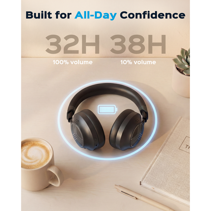 Headphones with battery display on a desk next to a coffee cup and notebook, with text about battery life.