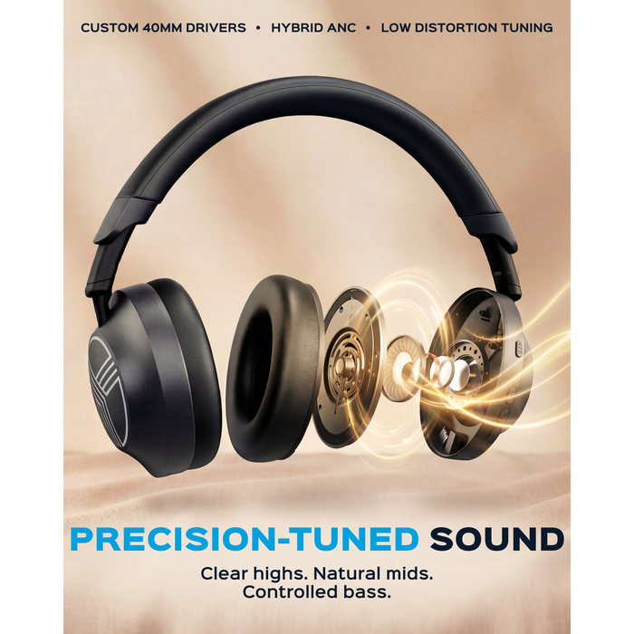Headphones with detailed view of inner workings on a beige background, featuring text about sound quality.