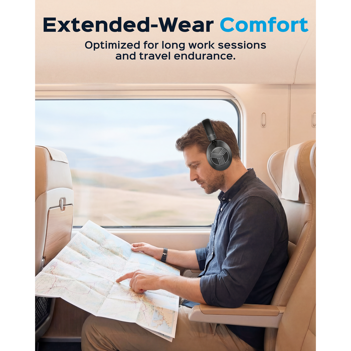 Man wearing headphones and reading a map in a vehicle, with text about extended-wear comfort.