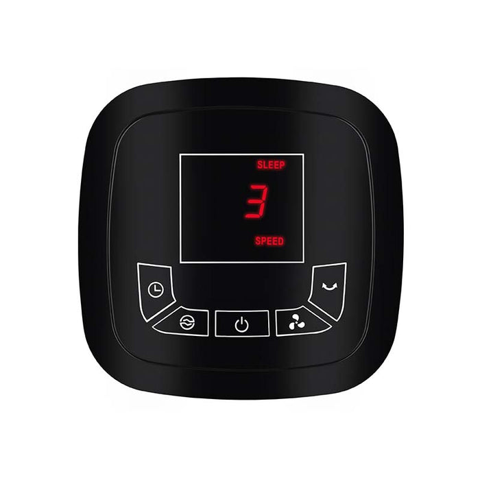 Der Unold TURMVENTILATOR EDEL verfügt über ein schwarzes digitales Bedienfeld mit einer roten LED-Anzeige mit der Anzeige SLEEP 3 SPEED sowie fünf Funktionstasten unterhalb des Bildschirms.