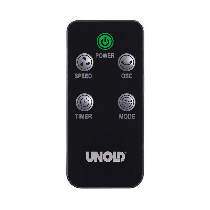 Eine schwarze Unold TURMVENTILATOR EDEL Fernbedienung mit fünf Tasten: oben ein grüner Power-Button, in der Mitte Speed und OSC, darunter Timer und Modus sowie unten das Unold-Logo.
