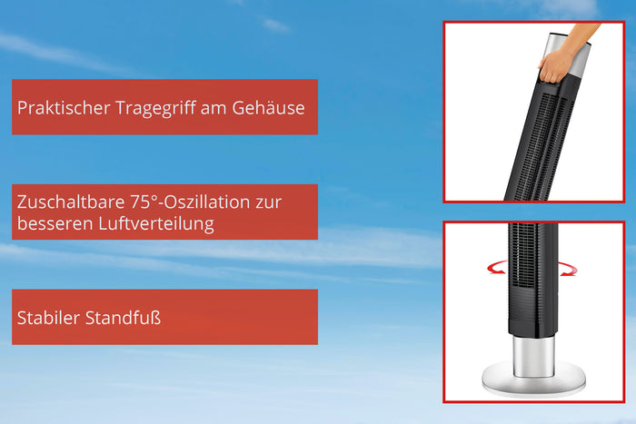 Das Bild zeigt den Unold TURMVENTILATOR EDEL Turmventilator mit drei hervorgehobenen Merkmalen: Tragegriff, 75° Oszillation für bessere Luftverteilung und stabiler Standfuß. Text auf Deutsch vor blauem Himmel.