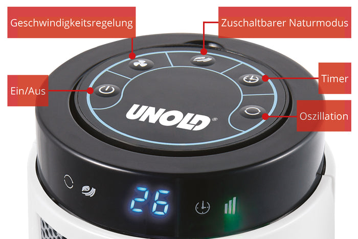 Nahaufnahme des Bedienfelds des Unold TURMVENTILATOR SIGHT mit den beschrifteten Tasten: Geschwindigkeitsregelung, Naturmodus, Timer, Oszillation und Ein/Aus.