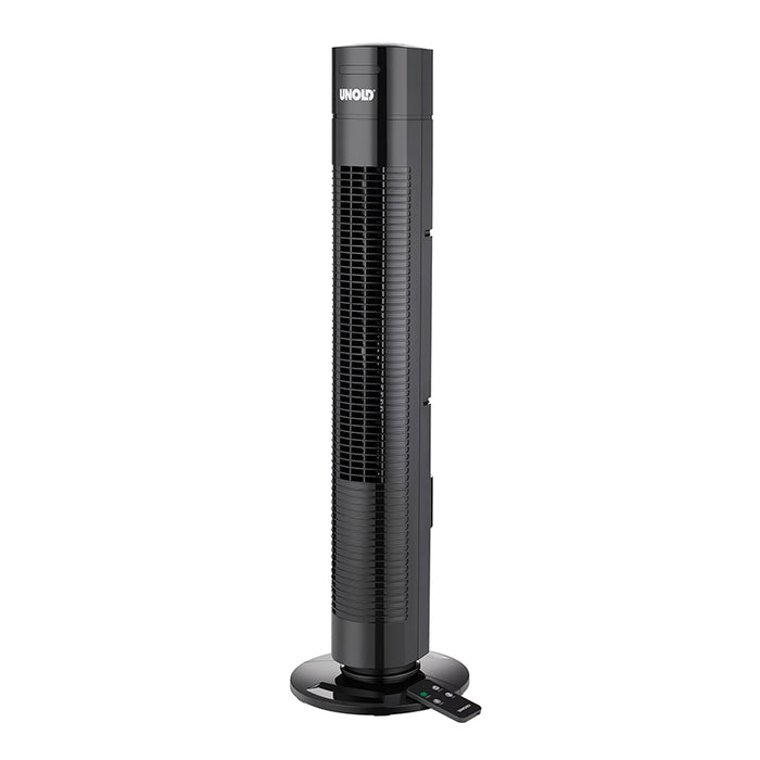 Ein großer schwarzer Turmventilator vom Typ Unold TURMVENTILATOR TORRE mit belüfteter Frontplatte, rundem Sockel und einer kleinen Fernbedienung neben dem Sockel; der Markenname Unold ist oben auf der Vorderseite sichtbar.