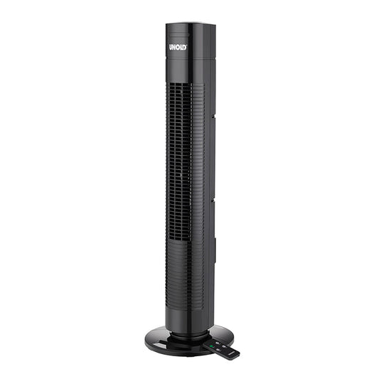 Ein großer schwarzer Turmventilator vom Typ Unold TURMVENTILATOR TORRE mit belüfteter Frontplatte, rundem Sockel und einer kleinen Fernbedienung neben dem Sockel; der Markenname Unold ist oben auf der Vorderseite sichtbar.