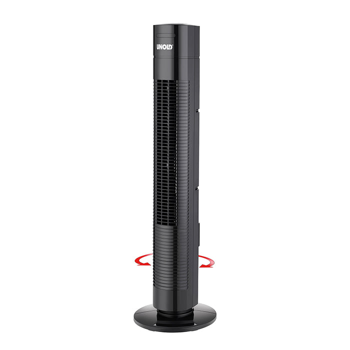 Der Unold TURMVENTILATOR TORRE ist ein hoher, schwarzer Turmventilator mit vertikalen Lüftungsschlitzen und rundem Sockel. Rote Pfeile am Sockel weisen auf die Oszillationsfunktion hin, und der Markenname Unold ist oben zu sehen.