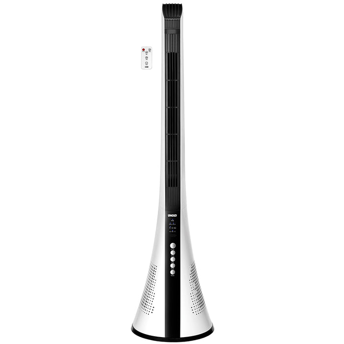 Das Bild zeigt einen modernen Turmventilator der Marke UNOLD mit einer Fernbedienung. Der Ventilator hat ein schlankes, weiß-schwarzes Design mit einem Bedienfeld, das Funktionen wie "Swing", "Timer", "Mode" und "Speed" anzeigt. Er ist für den Einsatz in Wohnräumen geeignet und bietet eine praktische Möglichkeit zur Luftzirkulation.