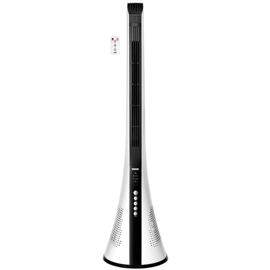 Das Bild zeigt einen modernen Turmventilator der Marke UNOLD mit einer Fernbedienung. Der Ventilator hat ein schlankes, weiß-schwarzes Design mit einem Bedienfeld, das Funktionen wie "Swing", "Timer", "Mode" und "Speed" anzeigt. Er ist für den Einsatz in Wohnräumen geeignet und bietet eine praktische Möglichkeit zur Luftzirkulation.