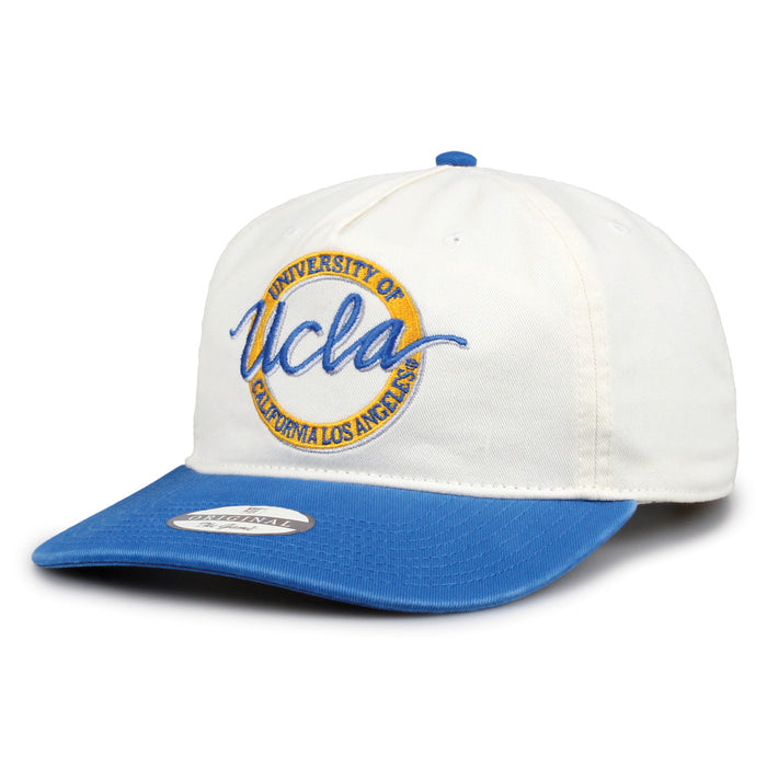 UCLA Original Circle snapback hat showing embroidered front design and curved brim, angled view