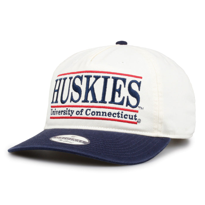UConn Original Bar snapback hat showing embroidered front design and curved brim, angled view