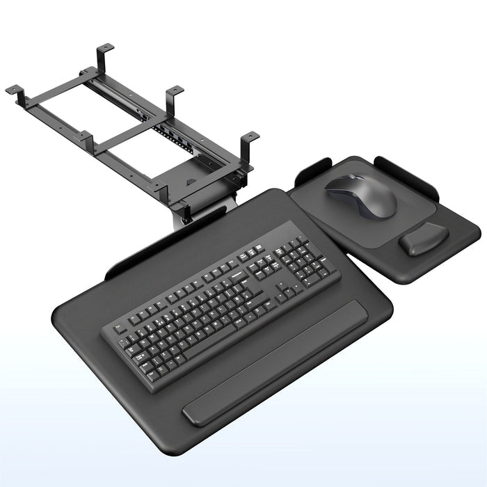 Black  keyboard tray, mouse pad, and monitor stand on a white background